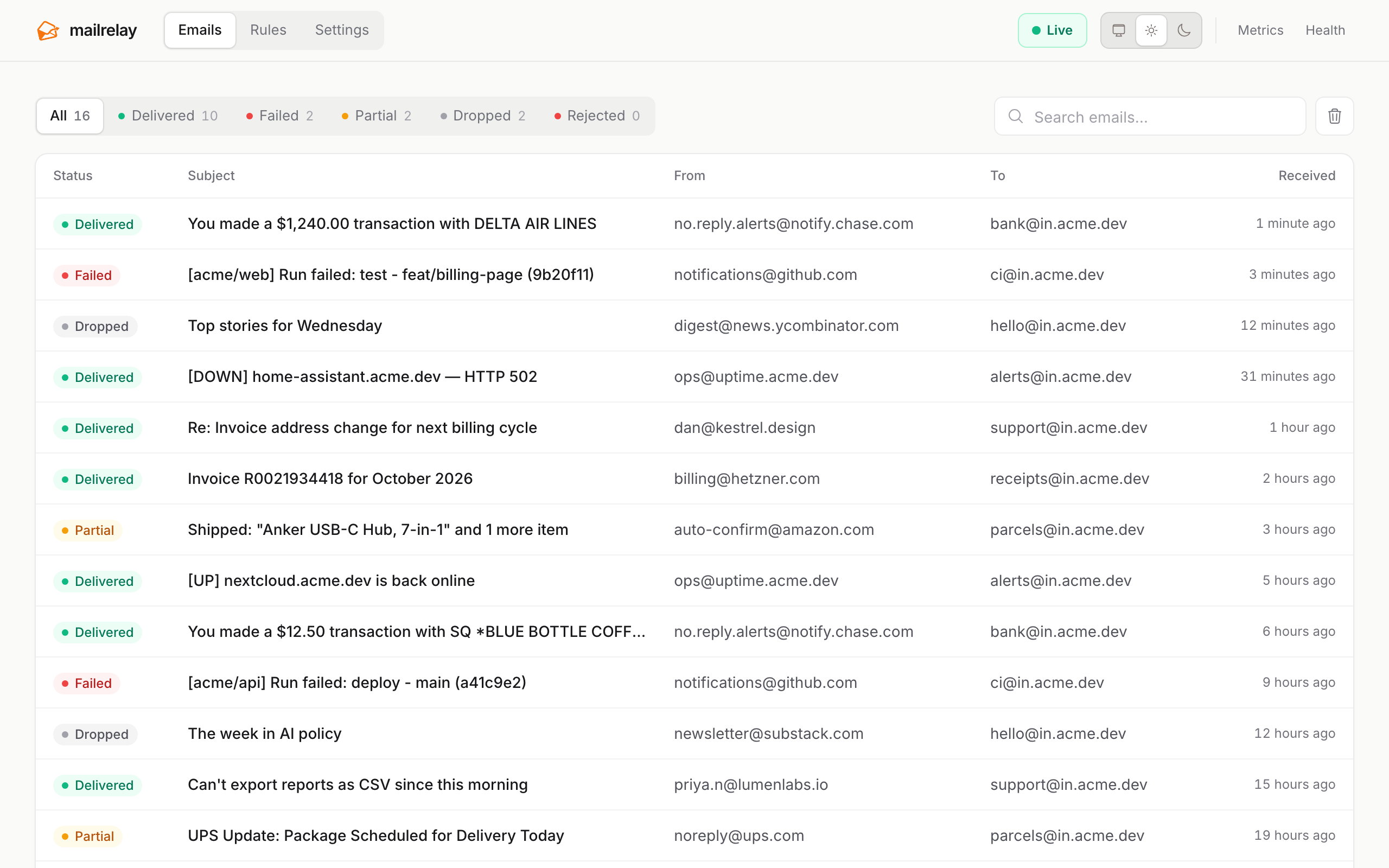 mailrelay dashboard showing received emails and their delivery status