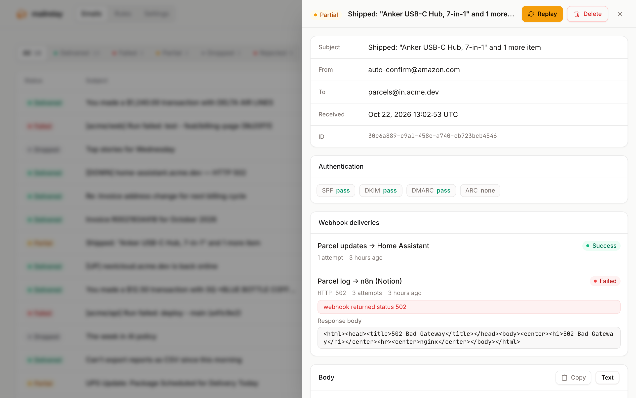 Email detail showing one successful and one failed webhook delivery with the response body