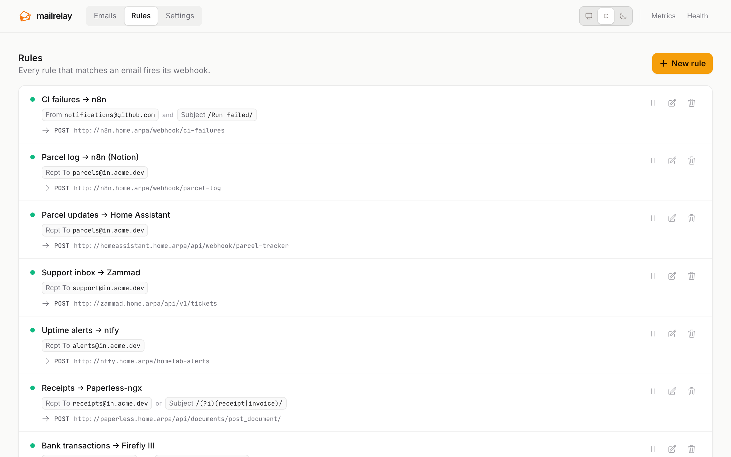 Rules page listing rules with their conditions and webhook URLs